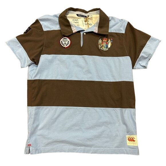 Canterbury of New Zealand Blue Brown Striped Collared Polo Shirt Rare Vintage - Picture 1 of 8